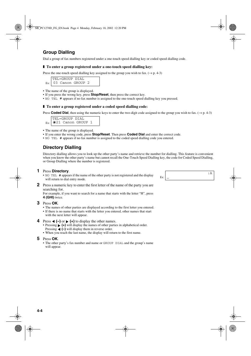 Group dialling, Directory dialling | Canon PC1270D User Manual | Page 36 / 88