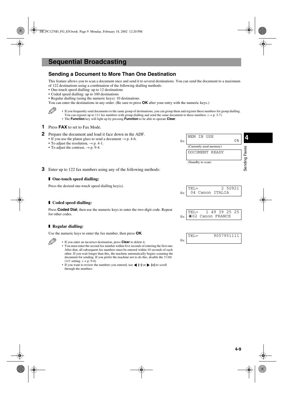 Sequential broadcasting, Sending a document to more than one destination | Canon PC1270D User Manual | Page 41 / 88