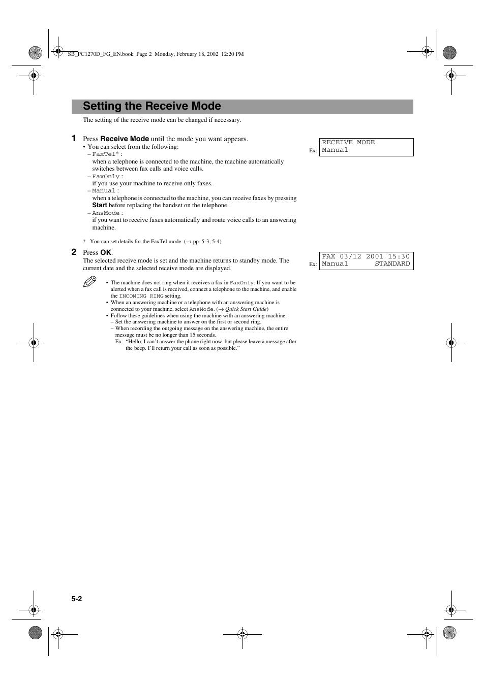 Setting the receive mode | Canon PC1270D User Manual | Page 50 / 88