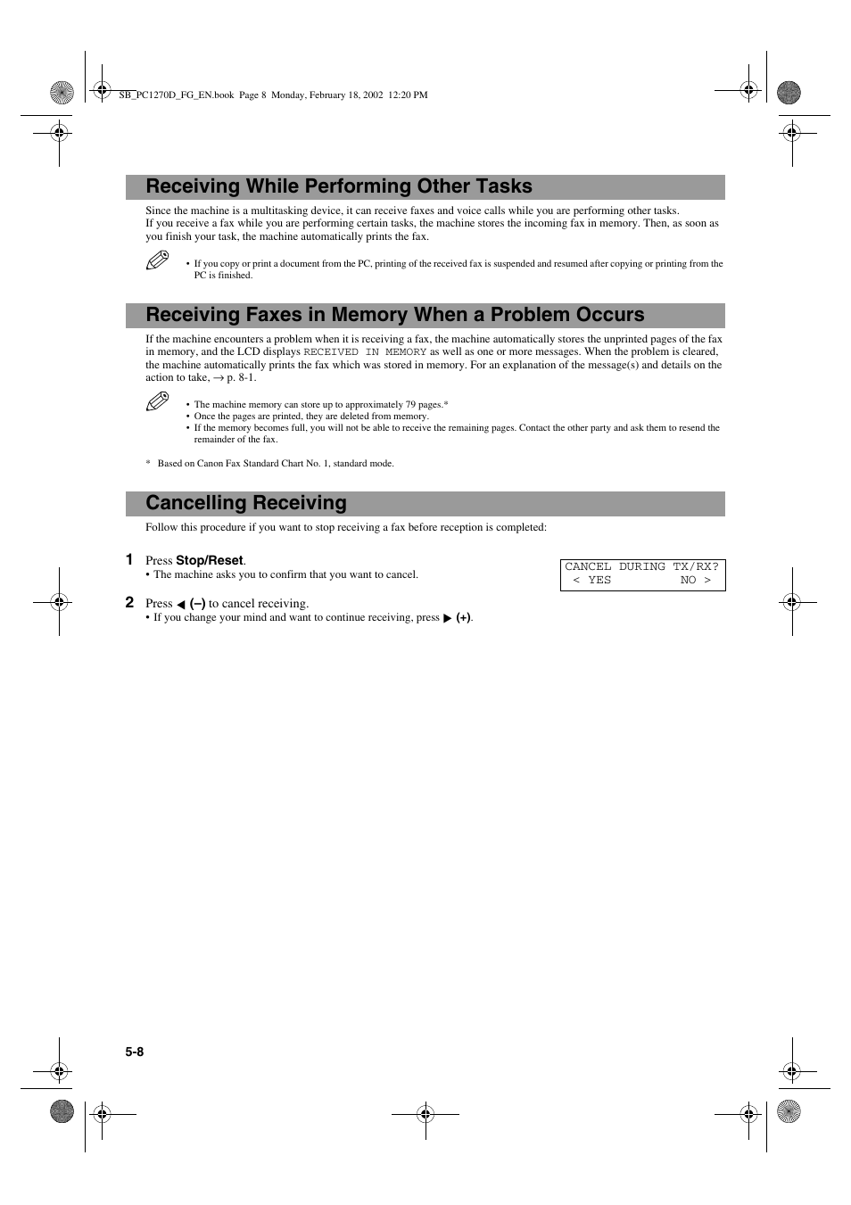 Receiving while performing other tasks, Cancelling receiving | Canon PC1270D User Manual | Page 56 / 88