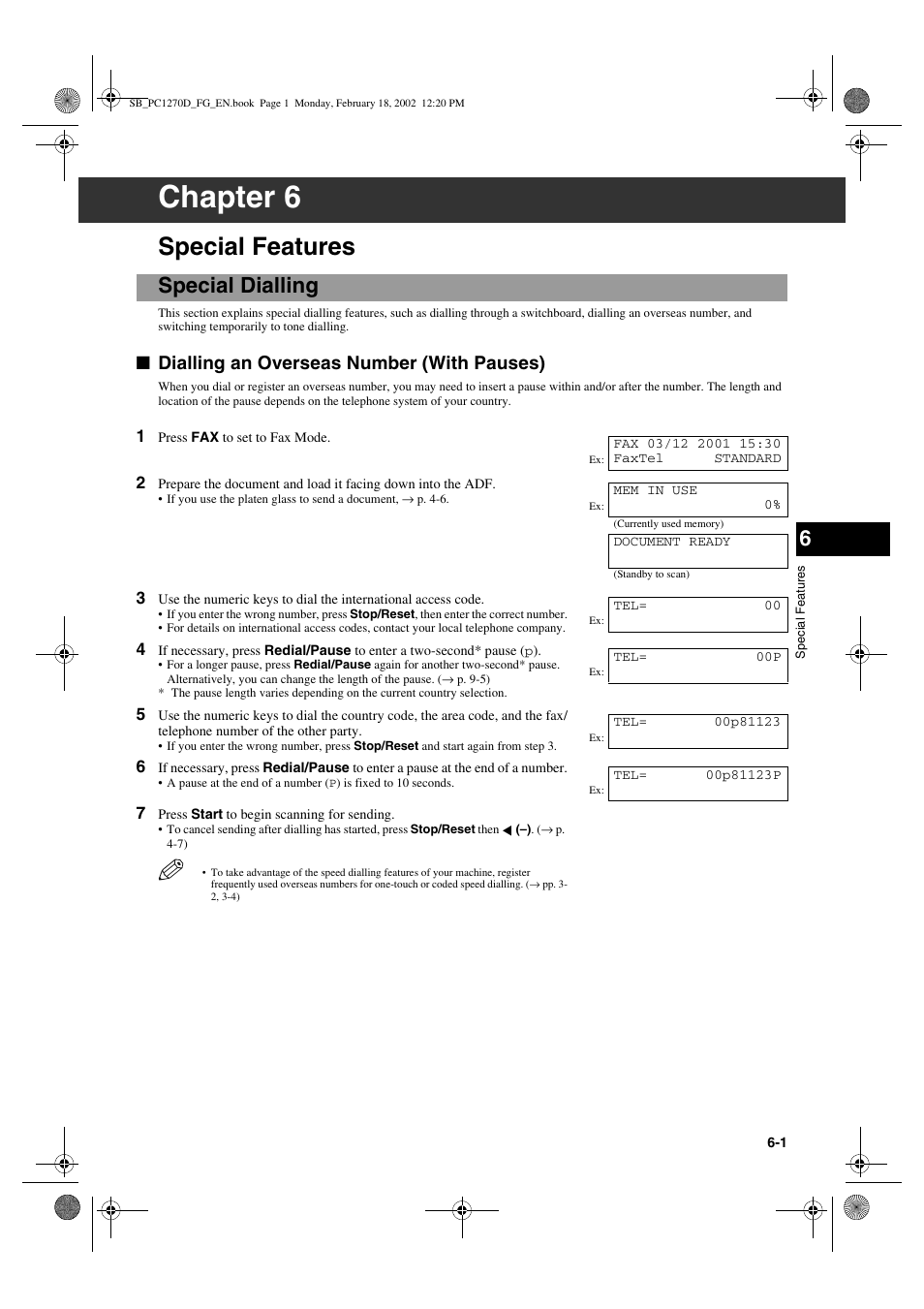Chapter 6, Special features, Special dialling | Dialling an overseas number (with pauses) | Canon PC1270D User Manual | Page 57 / 88
