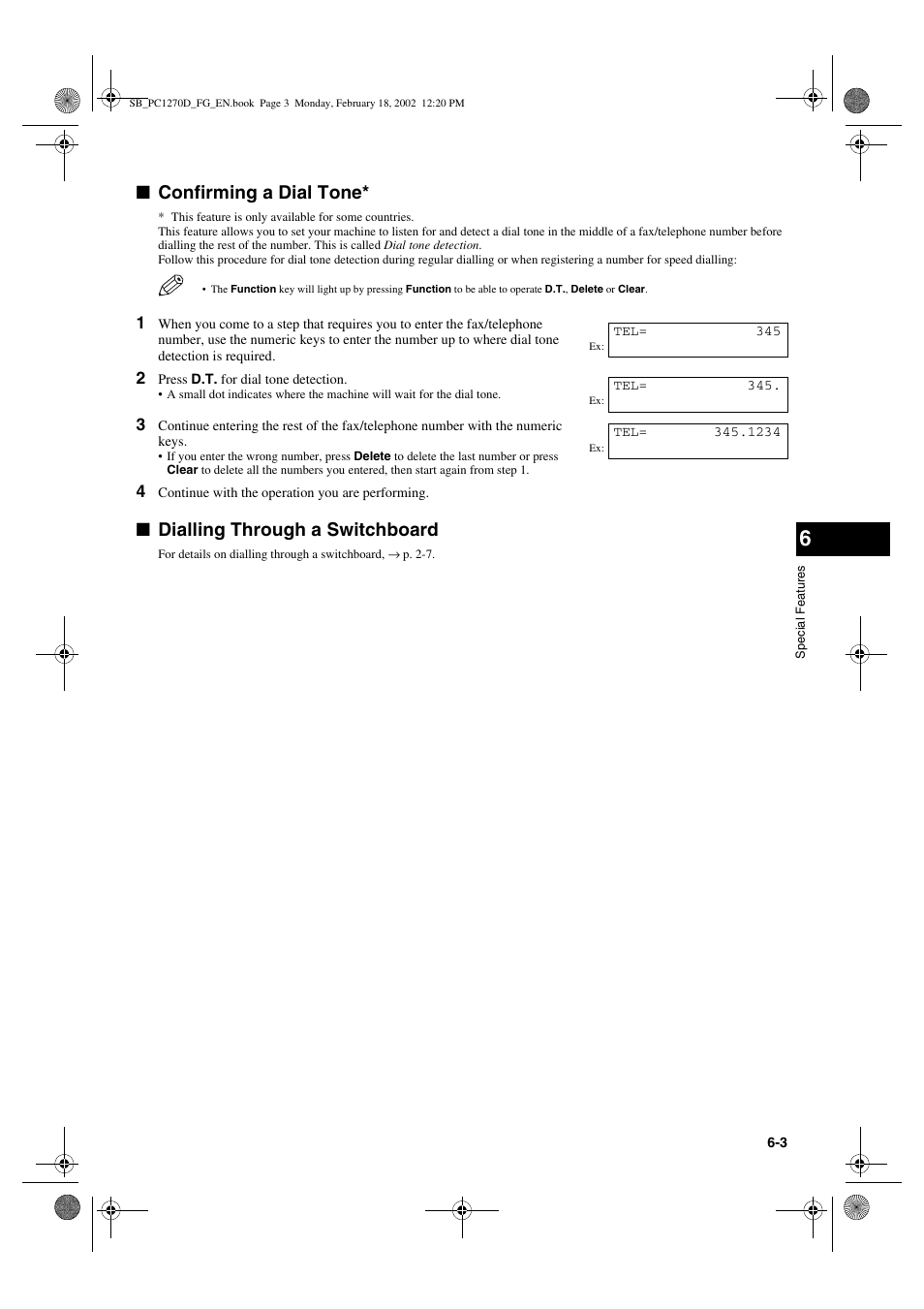 Confirming a dial tone, Dialling through a switchboard | Canon PC1270D User Manual | Page 59 / 88