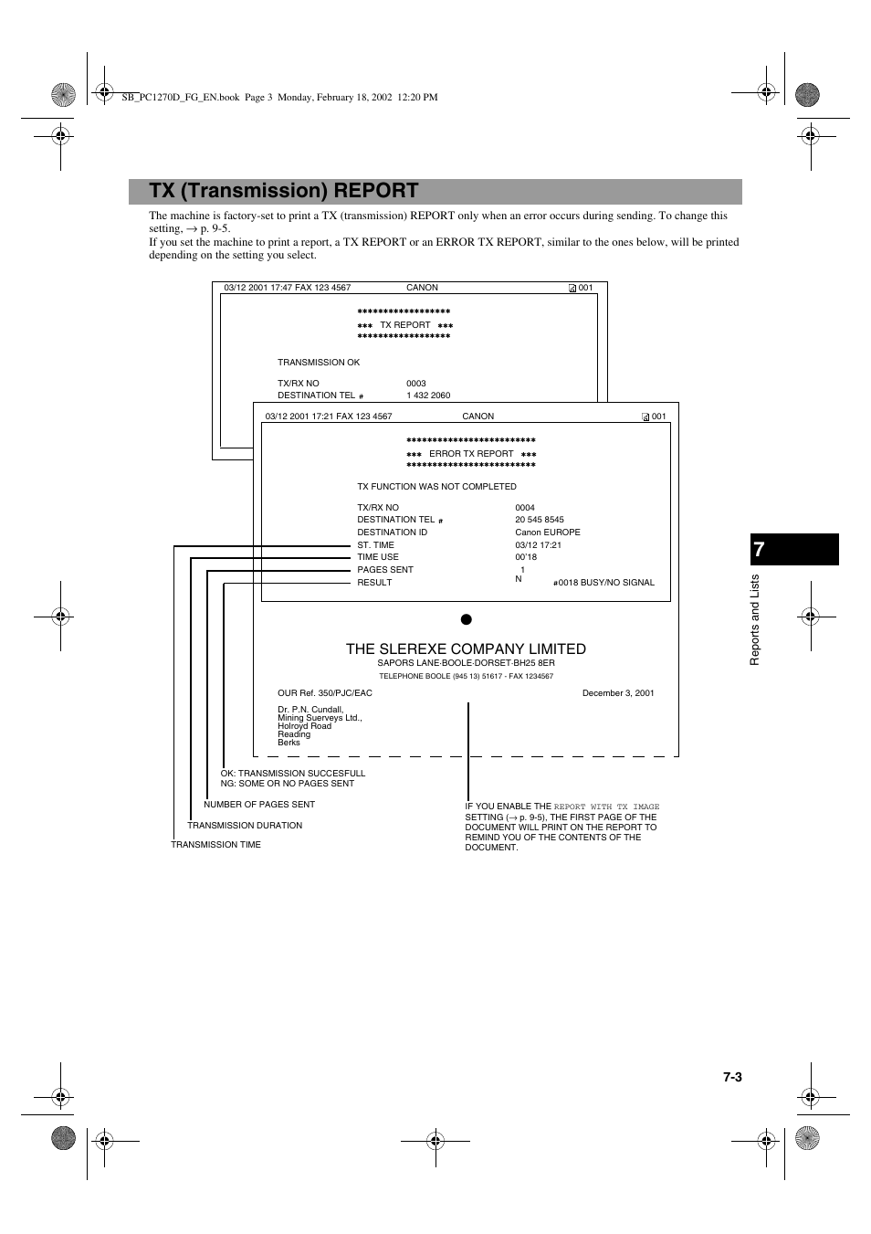 Tx (transmission) report, The slerexe company limited | Canon PC1270D User Manual | Page 63 / 88
