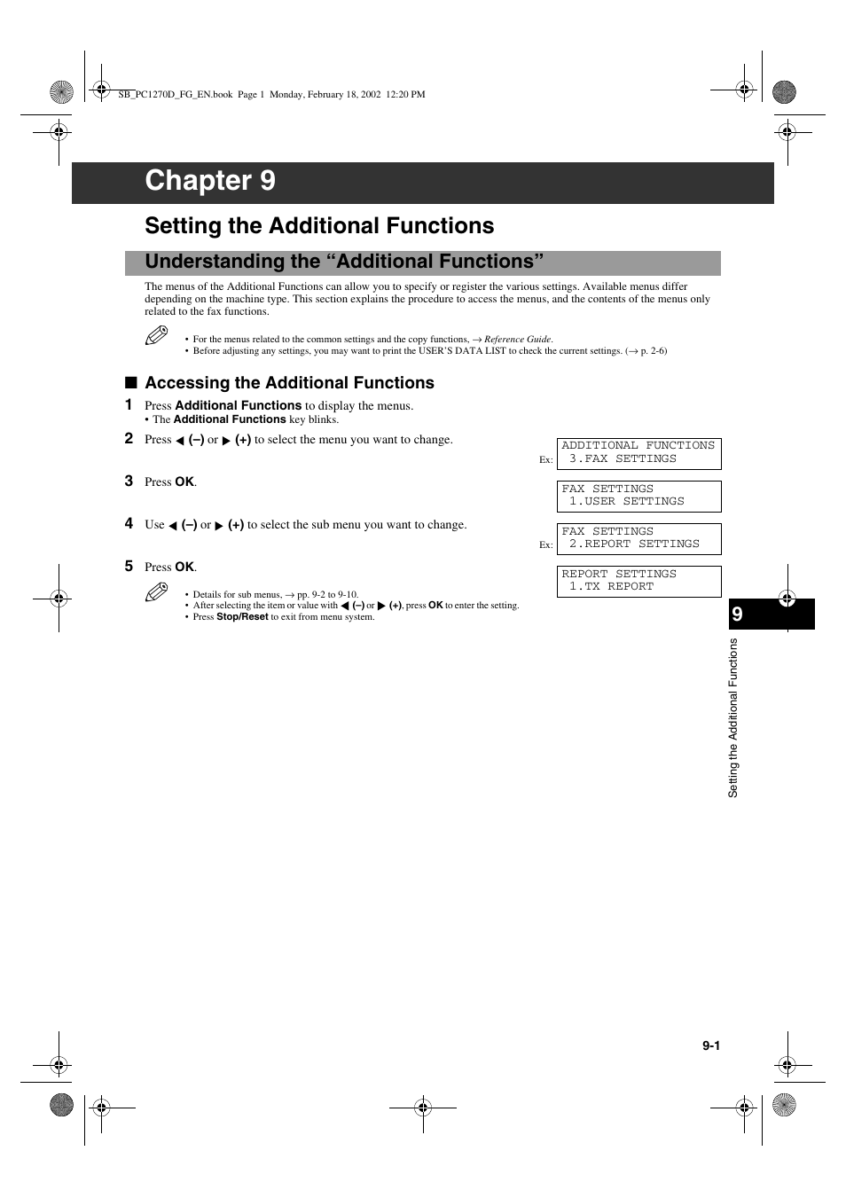 Chapter 9, Setting the additional functions, Understanding the “additional functions | Accessing the additional functions | Canon PC1270D User Manual | Page 71 / 88