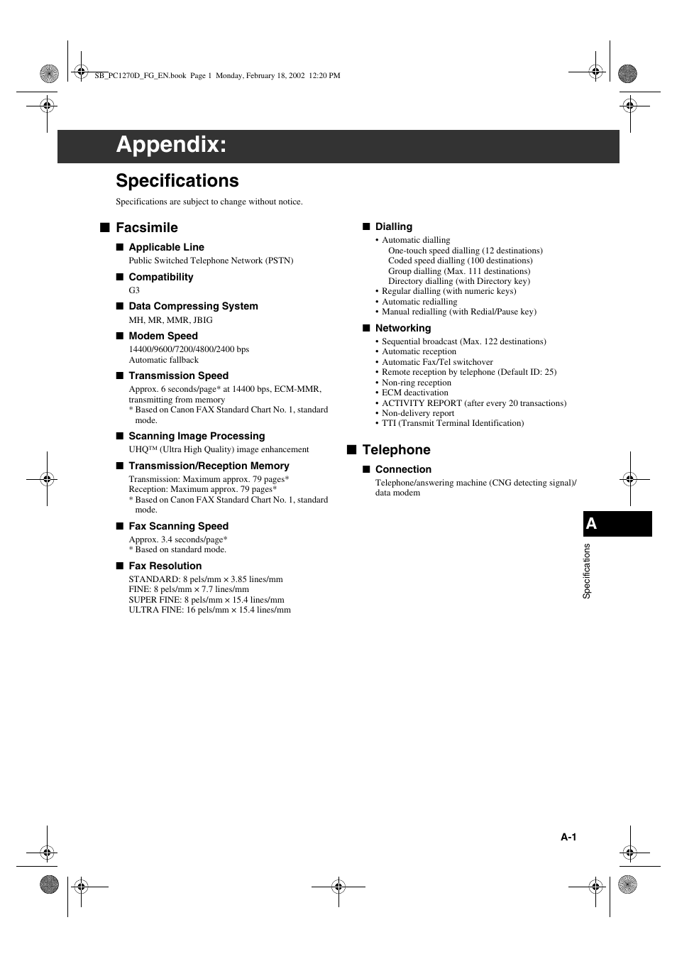 Appendix, Specifications, Facsimile | Telephone | Canon PC1270D User Manual | Page 81 / 88