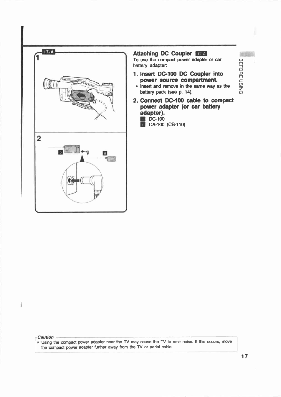 N attaching dc coupler | Canon E 200 User Manual | Page 17 / 84