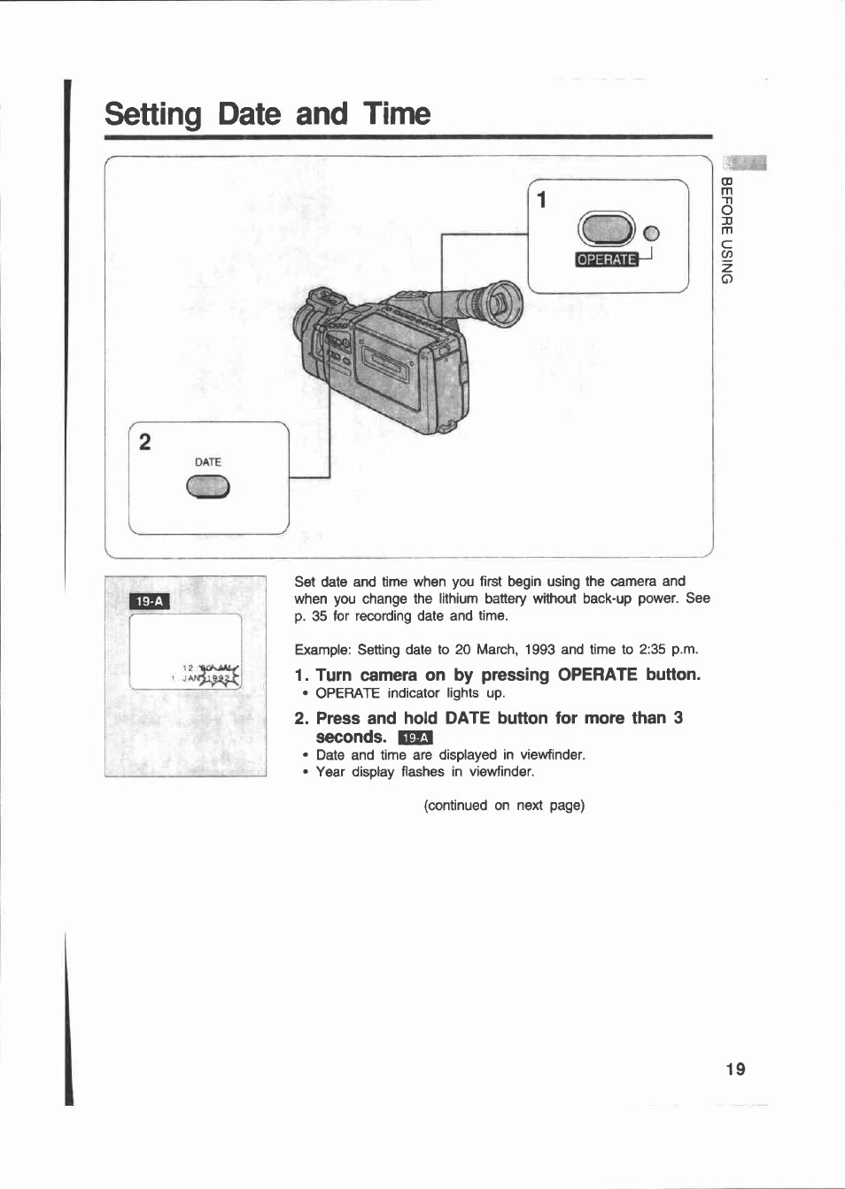 Setting date and time, Turn camera on by pressing operate button | Canon E 200 User Manual | Page 19 / 84