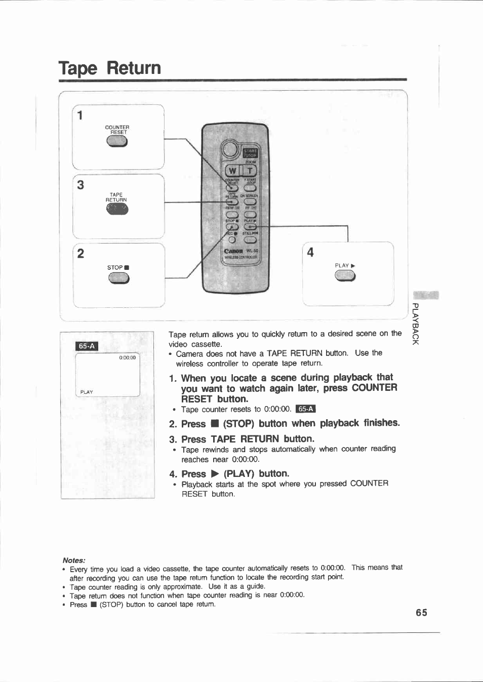 Tape return, When you locate a scene during playback that, Press ■ (stop) button when playback finishes | Press tape return button, Press ► (play) button | Canon E 200 User Manual | Page 65 / 84