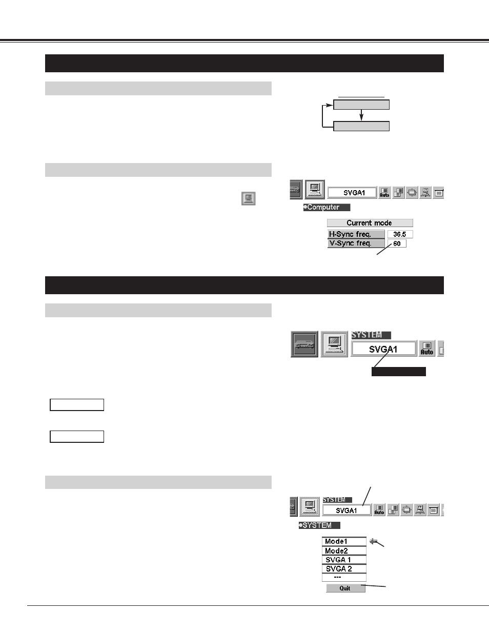 Computer mode, Selecting computer mode, Selecting computer system | Menu operation, Automatic multiscanning system, Select computer system manually, Direct operation | Canon LV-7320U User Manual | Page 22 / 40