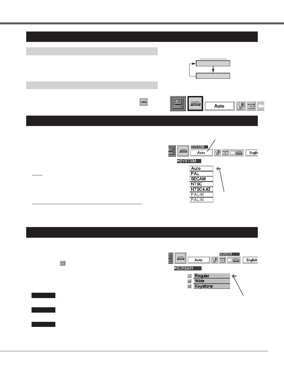 29 video mode, Selecting video mode, Selecting color system | Picture screen adjustment, Menu operation, Direct operation | Canon LV-7320U User Manual | Page 29 / 40