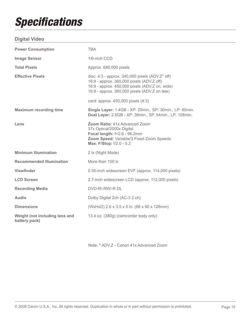 Specifi cations | Canon 2694B001 User Manual | Page 15 / 18