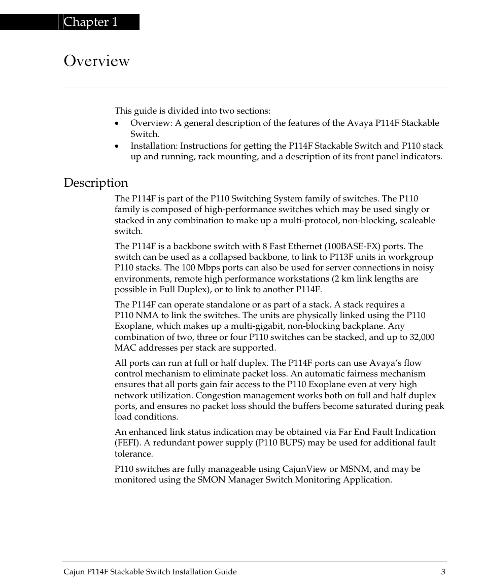 Overview, Chapter 1, Description | Avaya P114F User Manual | Page 5 / 14