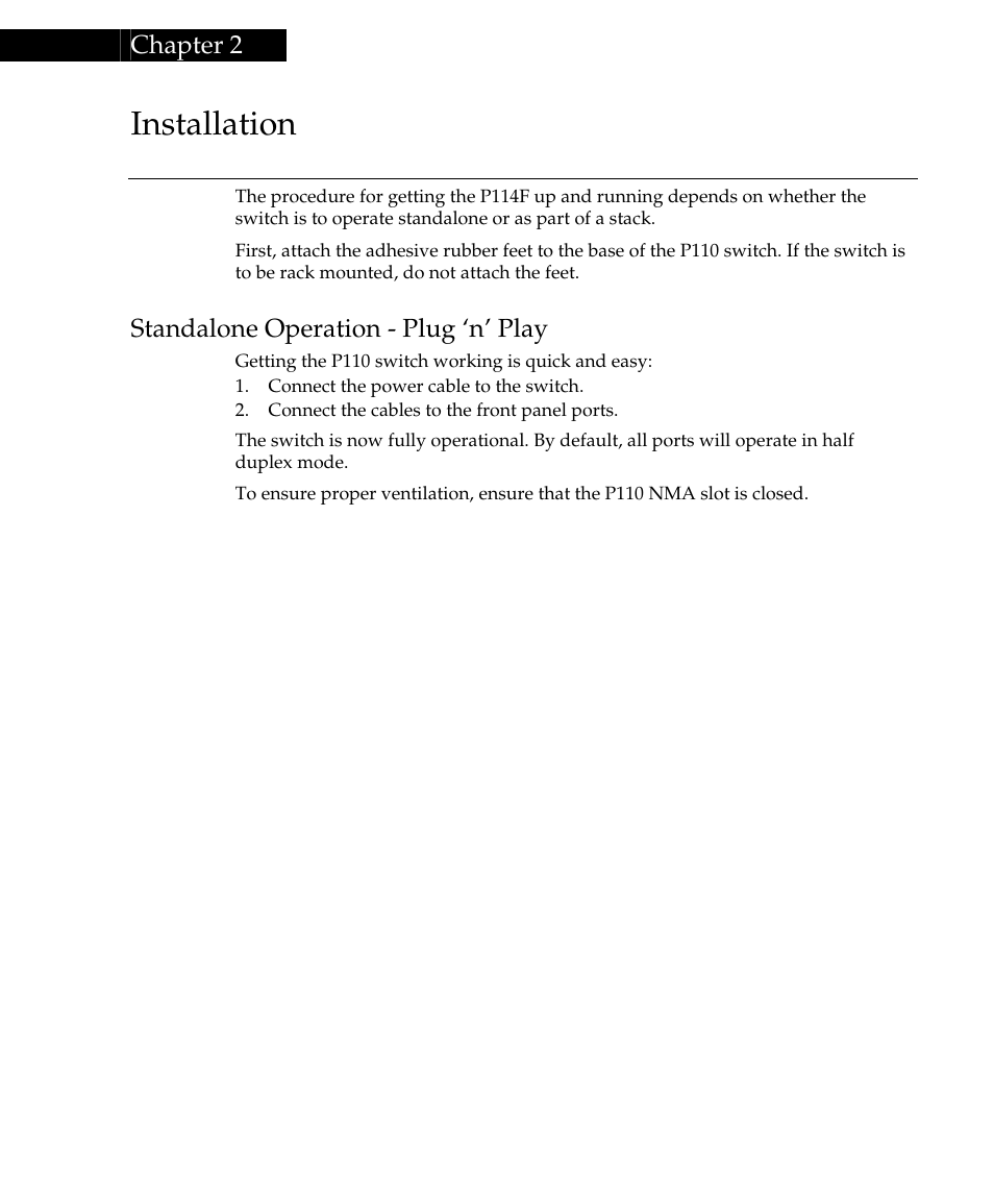 Installation, Chapter 2, Standalone operation - plug ‘n’ play | Avaya P114F User Manual | Page 7 / 14