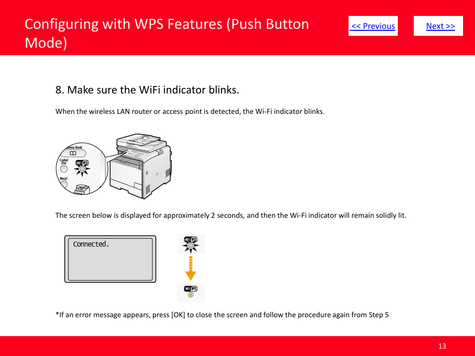 Slide number 13, Configuring with wps features (push button mode), Make sure the wifi indicator blinks | Canon MF8380CDW User Manual | Page 13 / 46