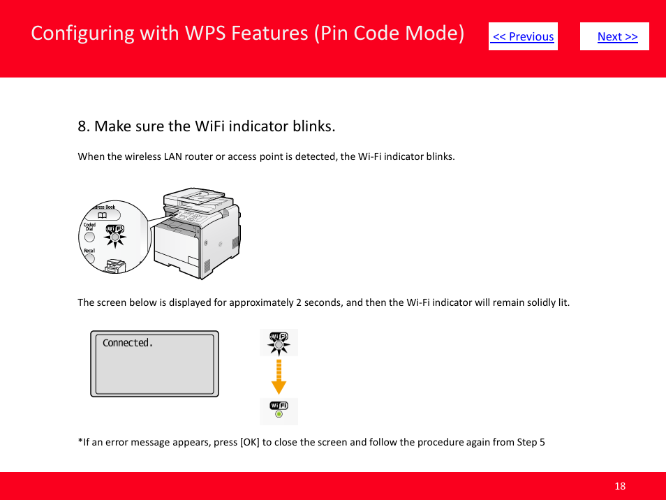 Slide number 18, Configuring with wps features (pin code mode), Make sure the wifi indicator blinks | Canon MF8380CDW User Manual | Page 18 / 46