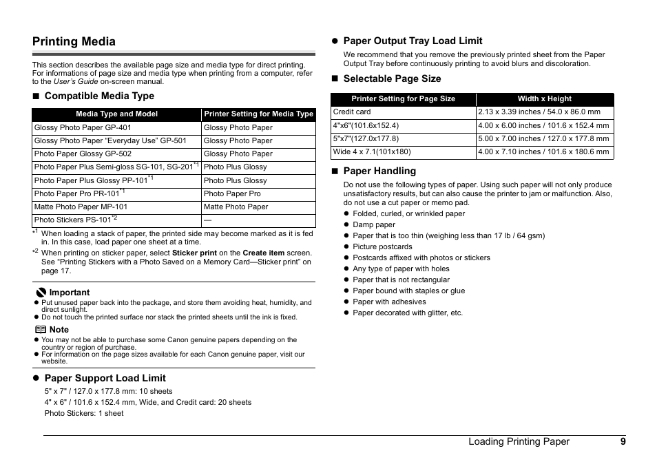 Printing media | Canon 320 User Manual | Page 12 / 59