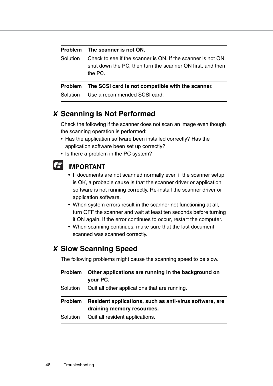 Scanning is not performed, P. 48, Slow scanning speed | Important | Canon DR-6010C User Manual | Page 52 / 61