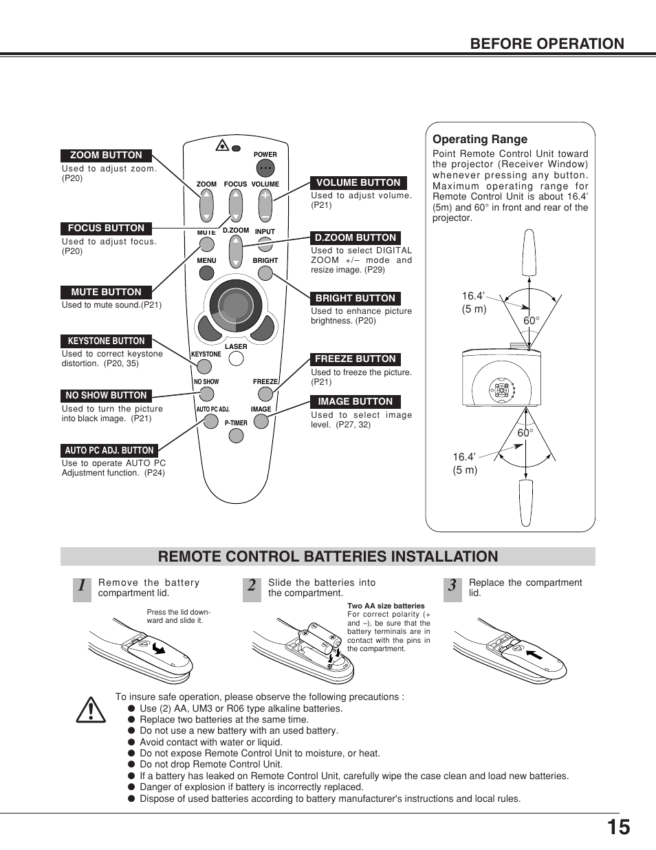 Before operation, Remote control batteries installation | Canon LV-7355 LV-7350 User Manual | Page 15 / 48