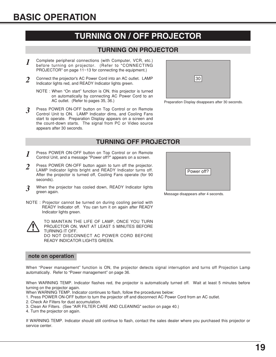 19 basic operation, Turning on / off projector | Canon LV-7355 LV-7350 User Manual | Page 19 / 48