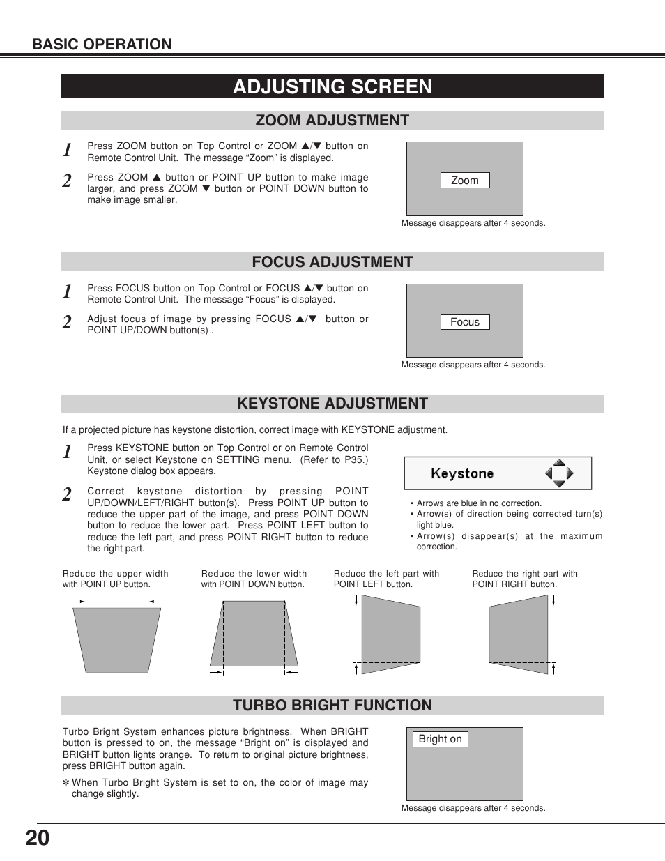 Adjusting screen, Keystone adjustment, Basic operation | Zoom adjustment focus adjustment, Turbo bright function | Canon LV-7355 LV-7350 User Manual | Page 20 / 48