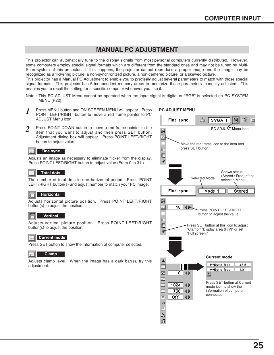 Computer input manual pc adjustment | Canon LV-7355 LV-7350 User Manual | Page 25 / 48