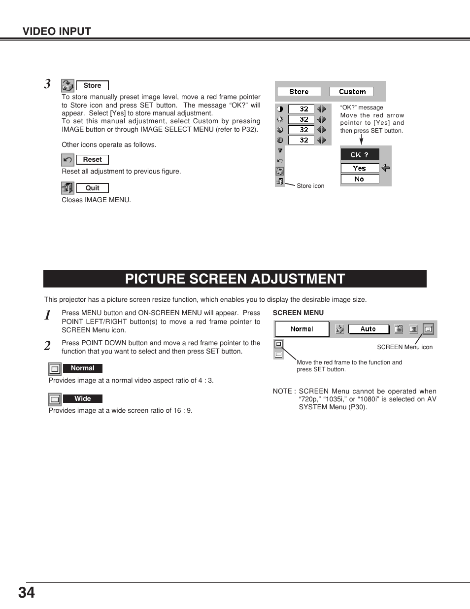 Picture screen adjustment, Video input | Canon LV-7355 LV-7350 User Manual | Page 34 / 48