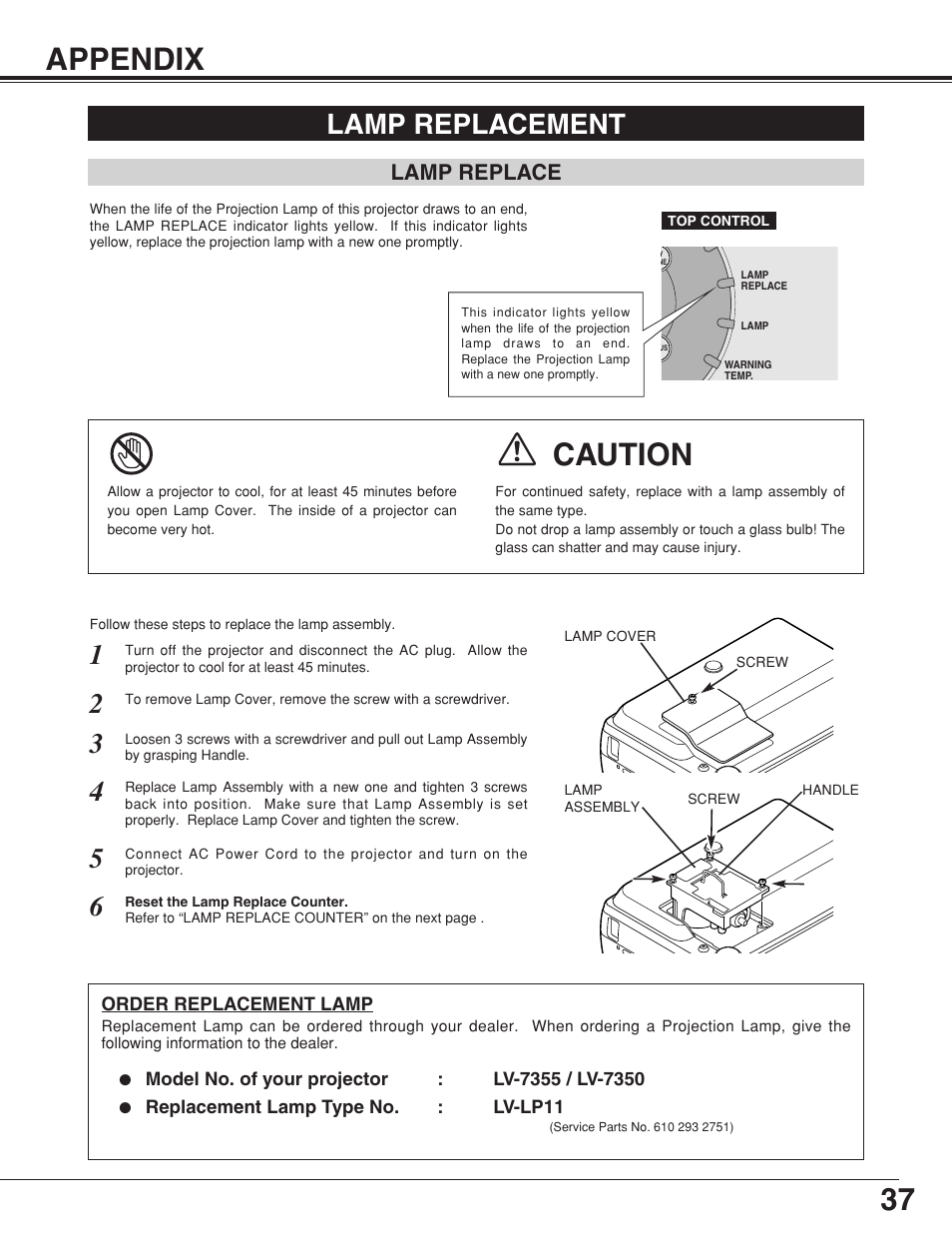 37 appendix, Caution, Lamp replacement | Canon LV-7355 LV-7350 User Manual | Page 37 / 48