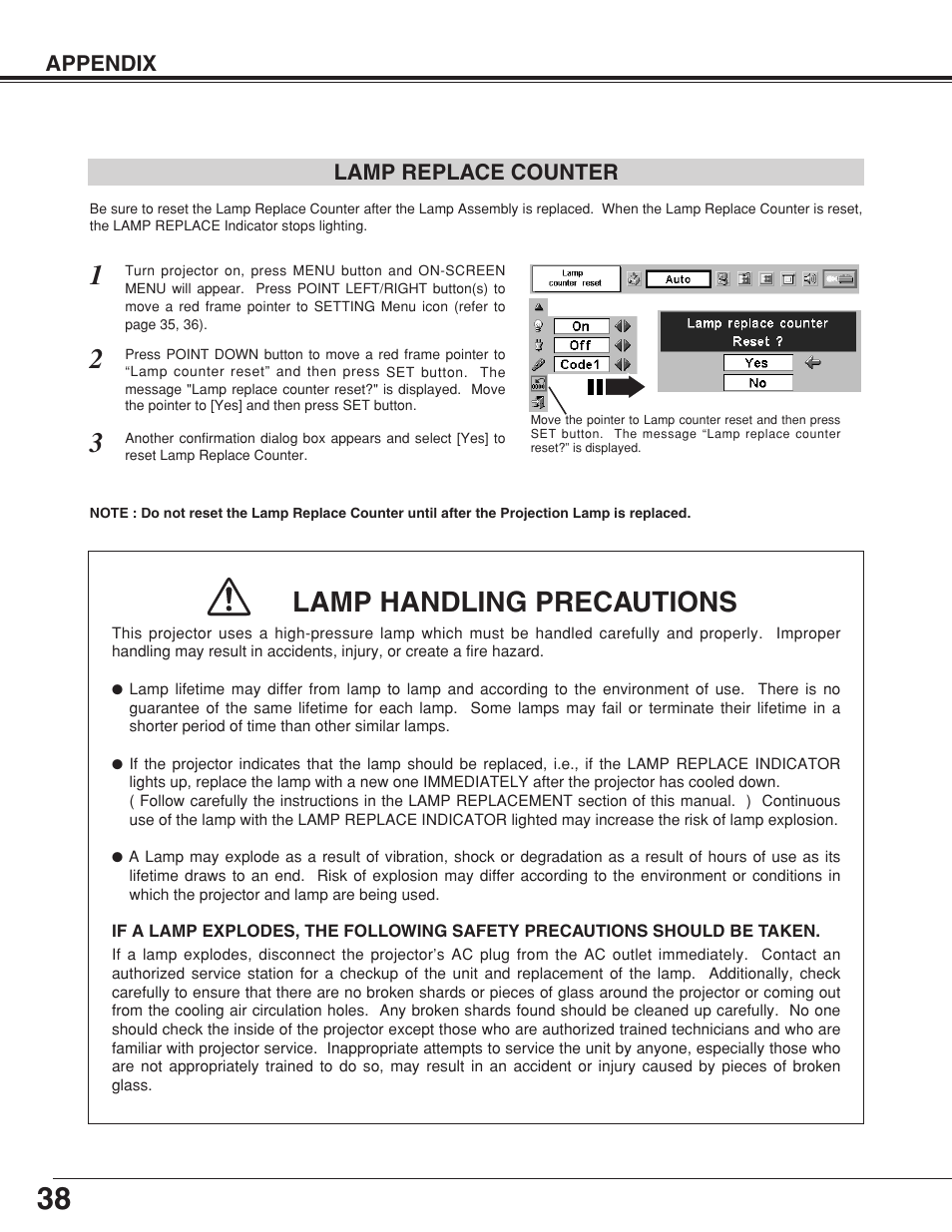 Lamp handling precautions | Canon LV-7355 LV-7350 User Manual | Page 38 / 48