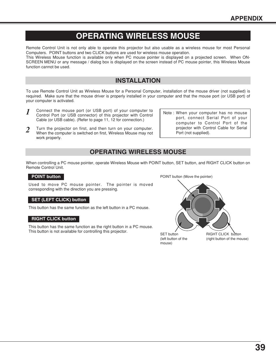 Operating wireless mouse, Appendix, Installation | Canon LV-7355 LV-7350 User Manual | Page 39 / 48