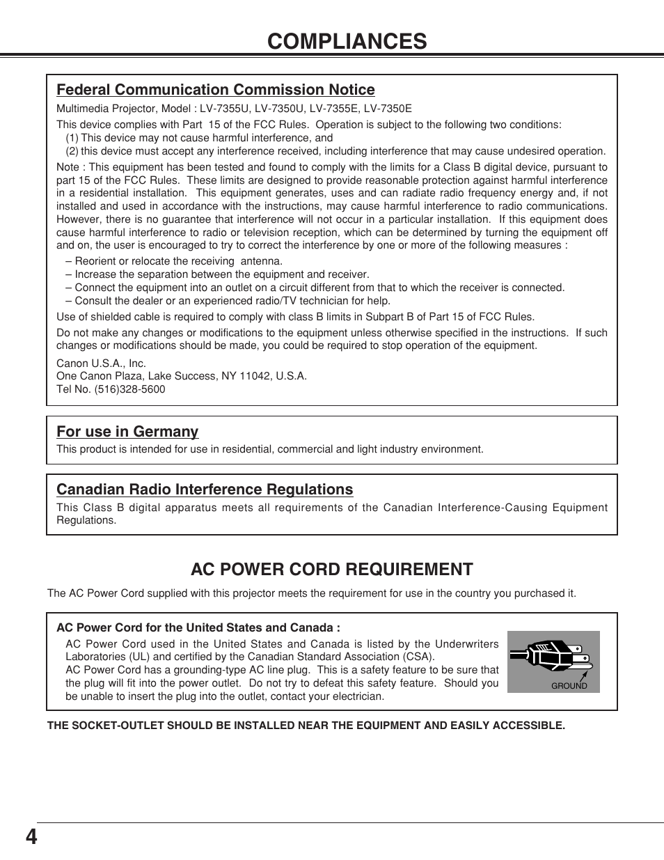 4compliances, Ac power cord requirement | Canon LV-7355 LV-7350 User Manual | Page 4 / 48