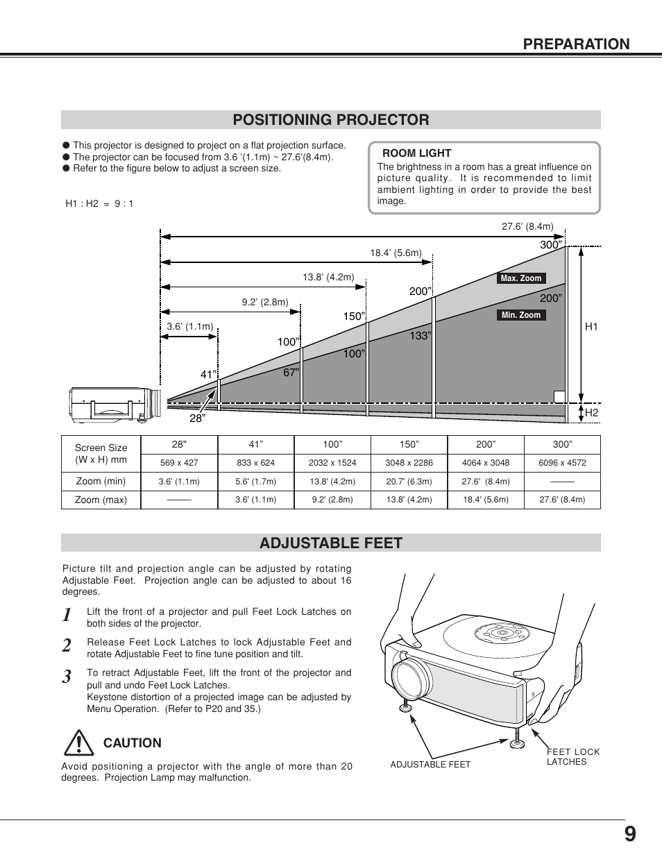 Preparation positioning projector, Adjustable feet | Canon LV-7355 LV-7350 User Manual | Page 9 / 48