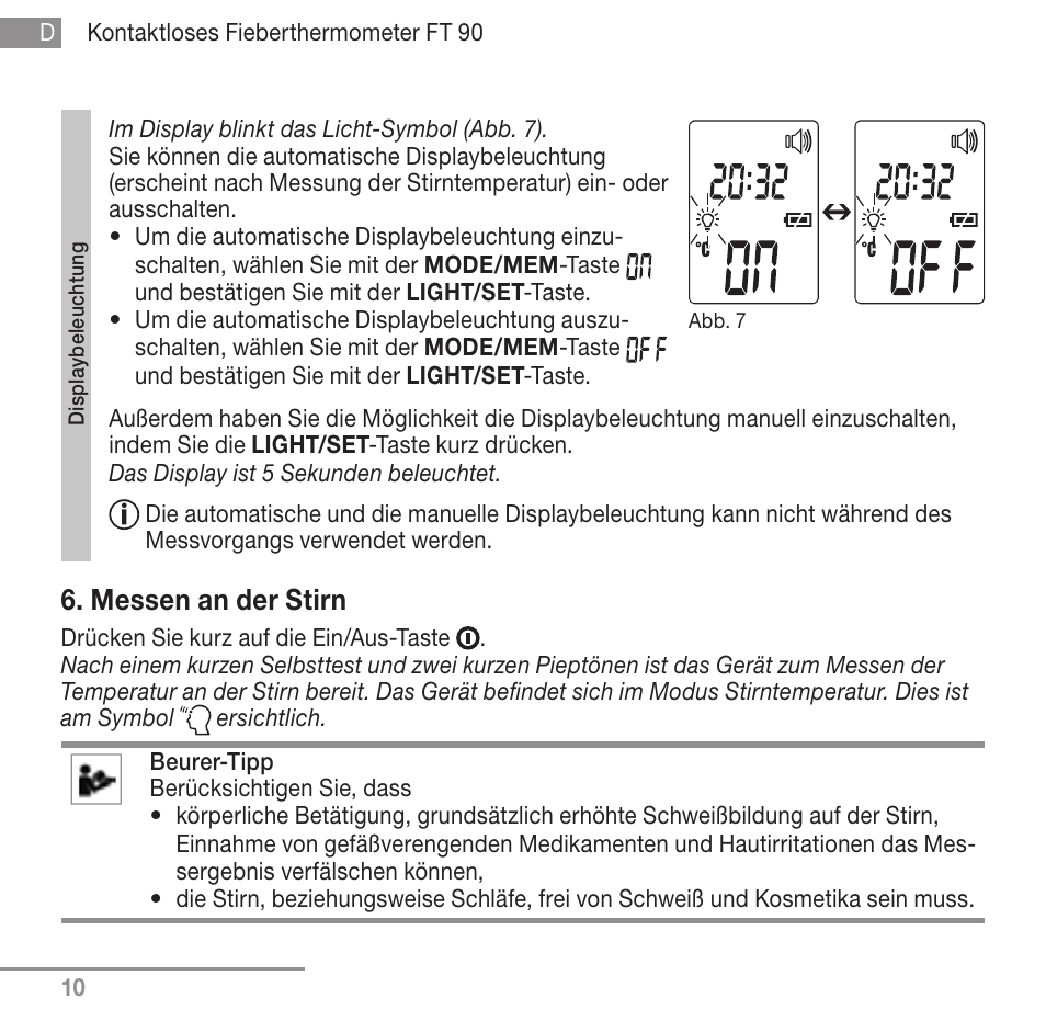 Messen an der stirn | Beurer FT 90 User Manual | Page 10 / 144