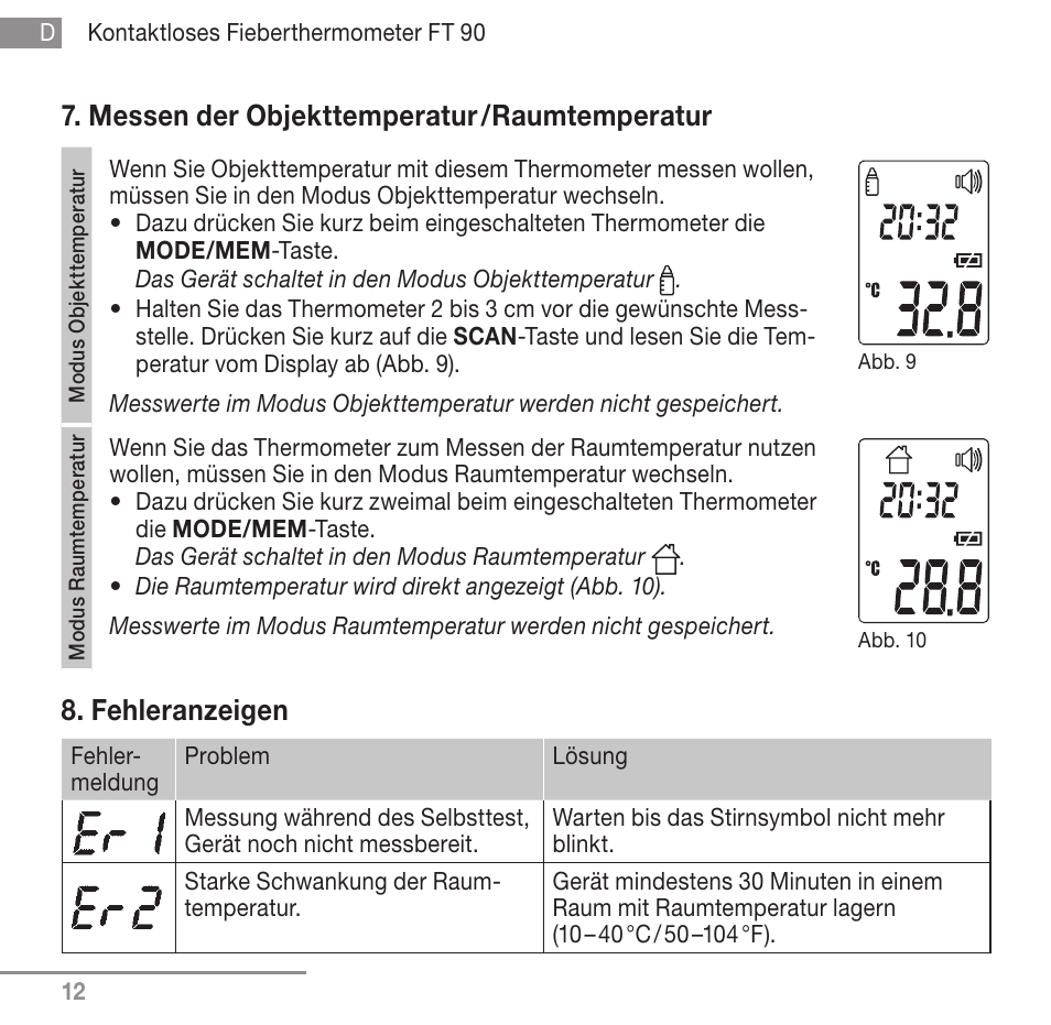 Messen der objekttemperatur / raumtemperatur, Fehleranzeigen | Beurer FT 90 User Manual | Page 12 / 144