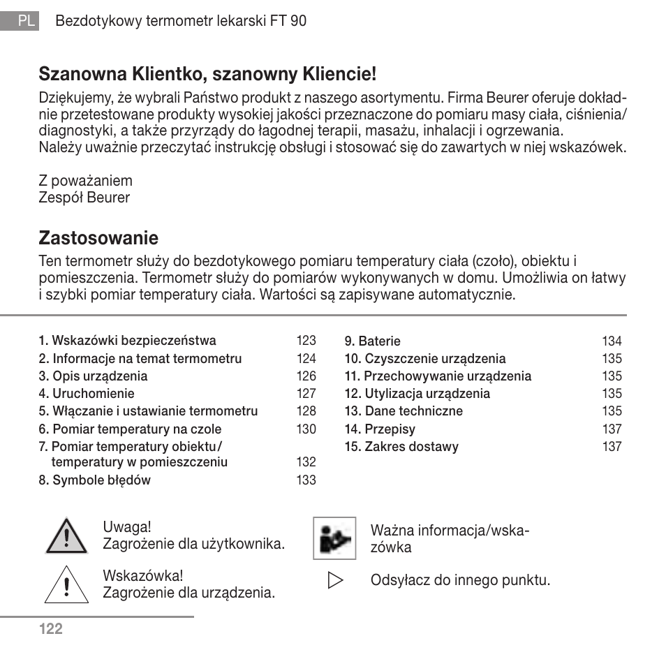Szanowna klientko, szanowny kliencie, Zastosowanie | Beurer FT 90 User Manual | Page 122 / 144