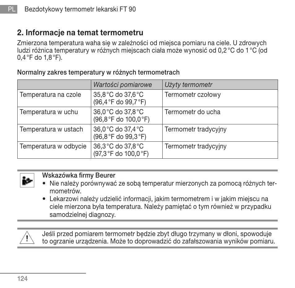 Informacje na temat termometru | Beurer FT 90 User Manual | Page 124 / 144