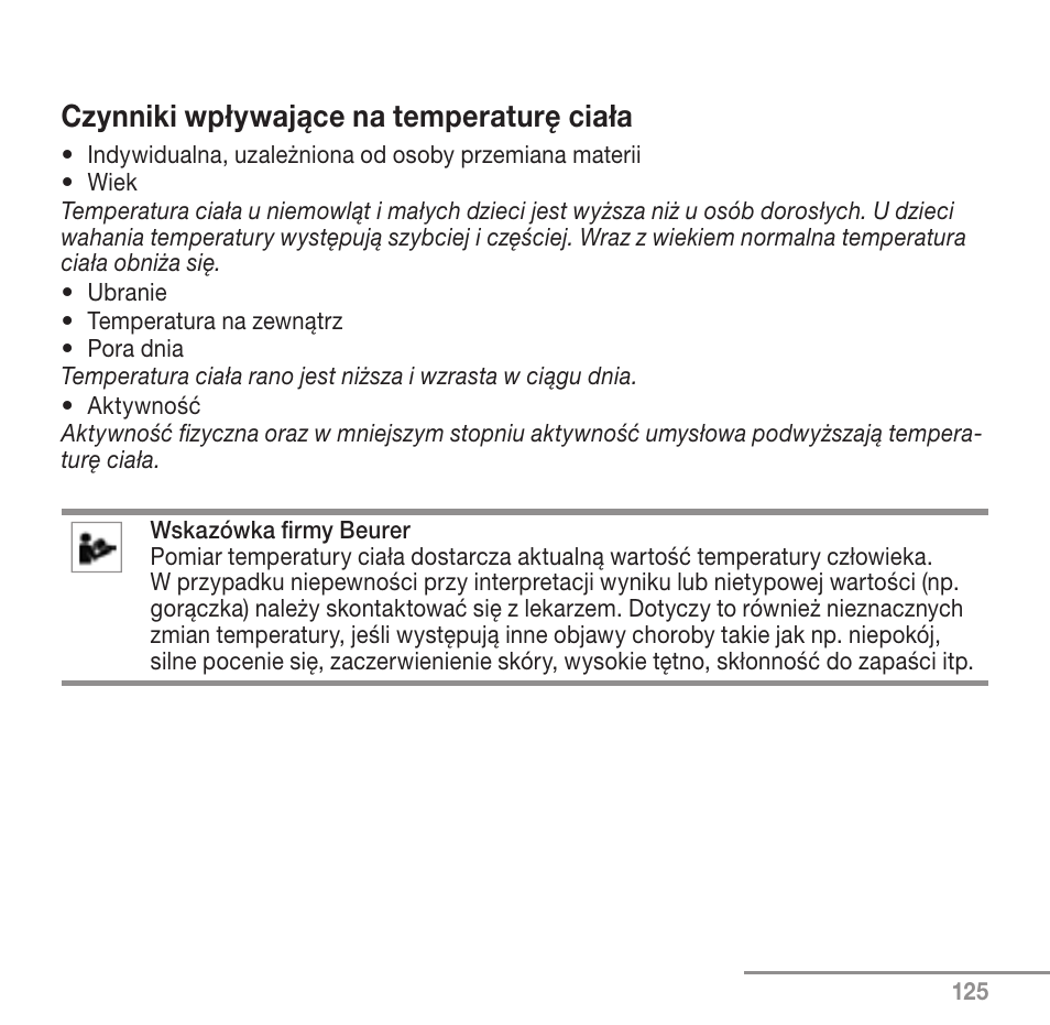 Czynniki wpływające na temperaturę ciała | Beurer FT 90 User Manual | Page 125 / 144