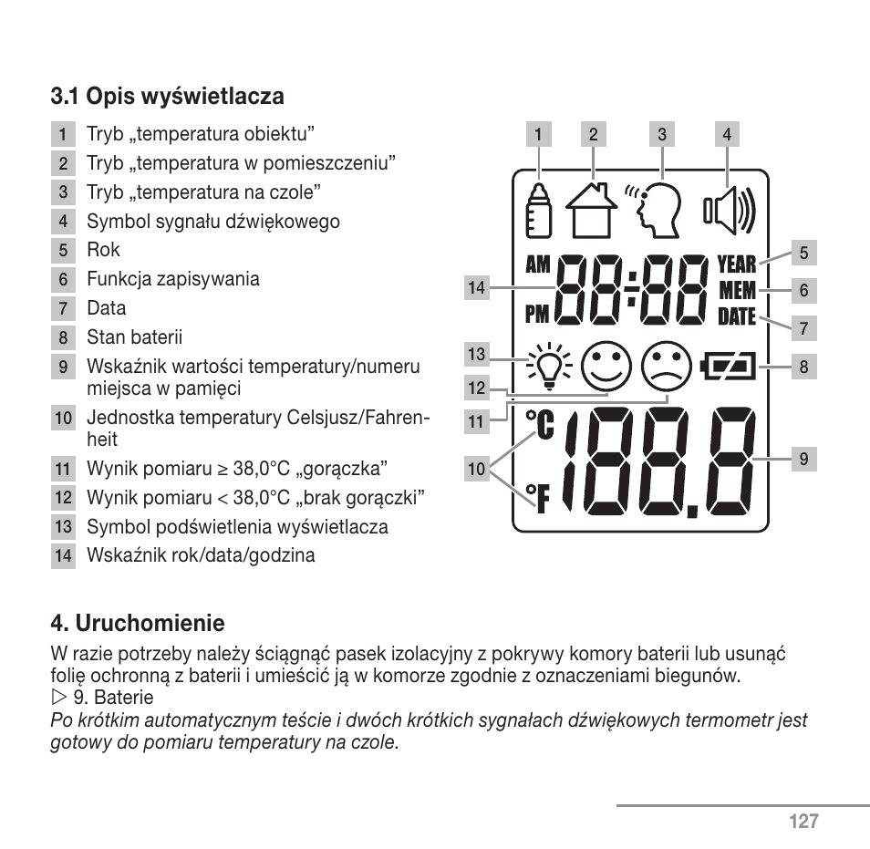1 opis wyświetlacza, Uruchomienie | Beurer FT 90 User Manual | Page 127 / 144