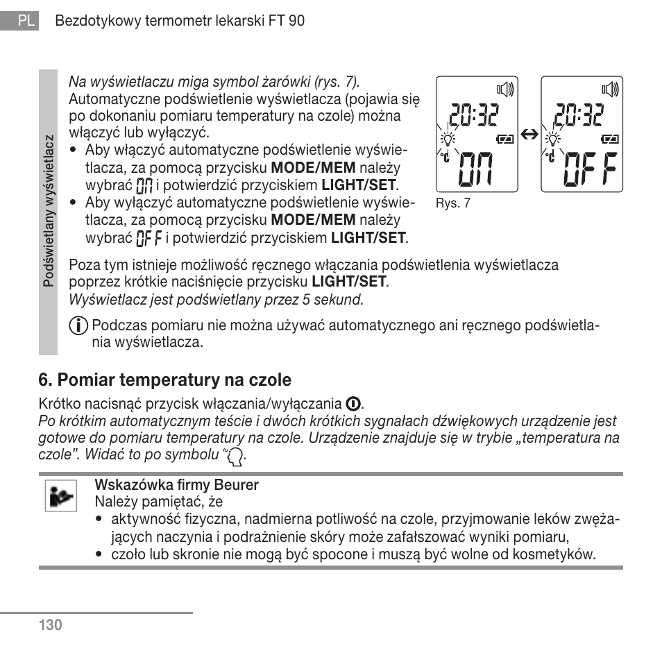 Pomiar temperatury na czole | Beurer FT 90 User Manual | Page 130 / 144