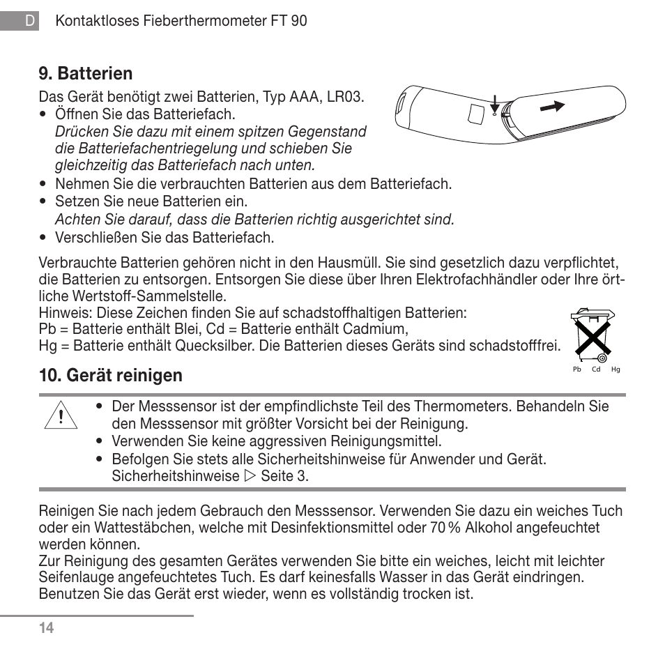 Batterien, Gerät reinigen | Beurer FT 90 User Manual | Page 14 / 144