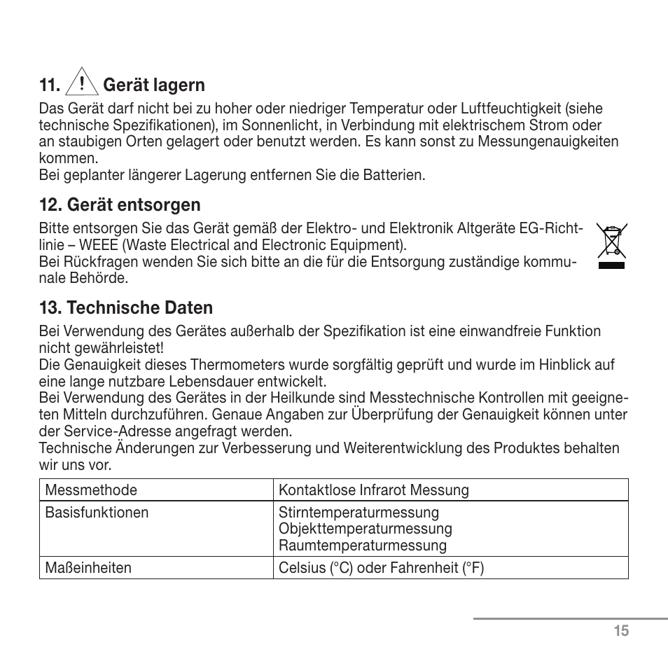 Gerät lagern, Gerät entsorgen, Technische daten | Beurer FT 90 User Manual | Page 15 / 144