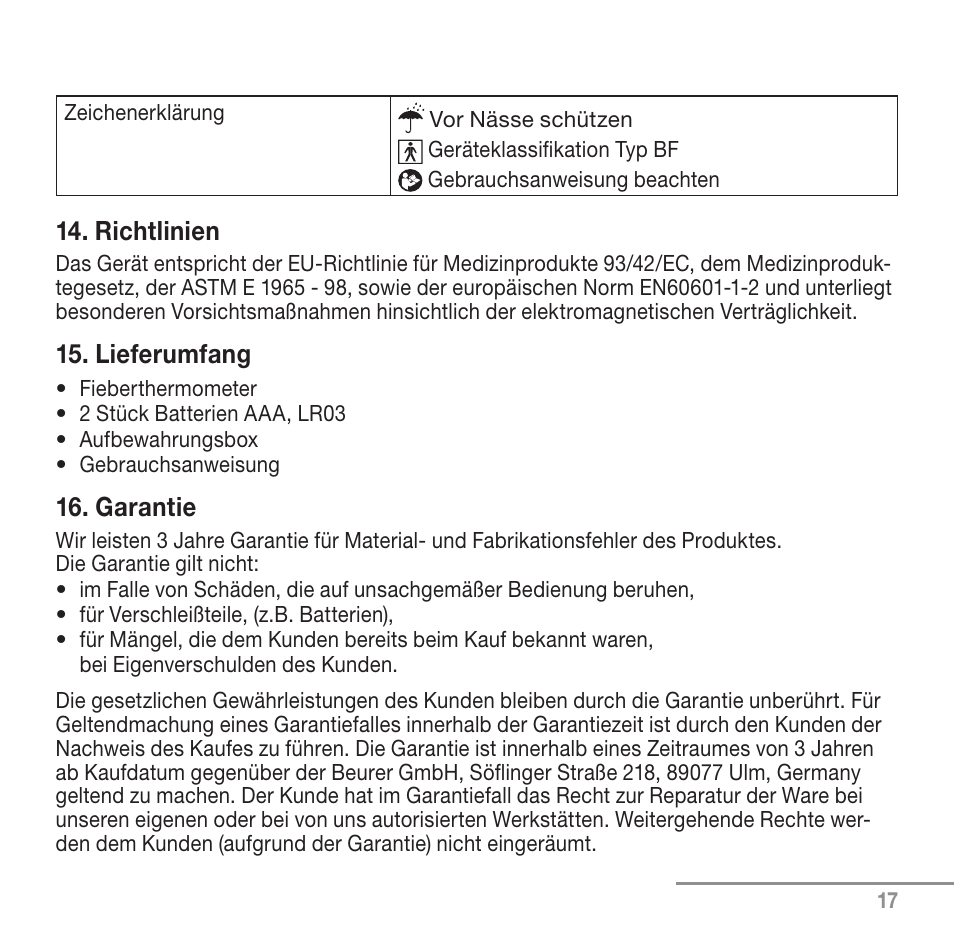 Richtlinien, Lieferumfang, Garantie | Beurer FT 90 User Manual | Page 17 / 144