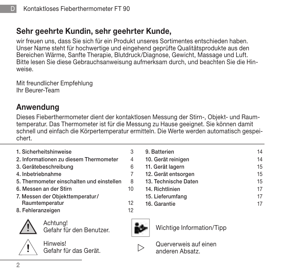 Sehr geehrte kundin, sehr geehrter kunde, Anwendung | Beurer FT 90 User Manual | Page 2 / 144
