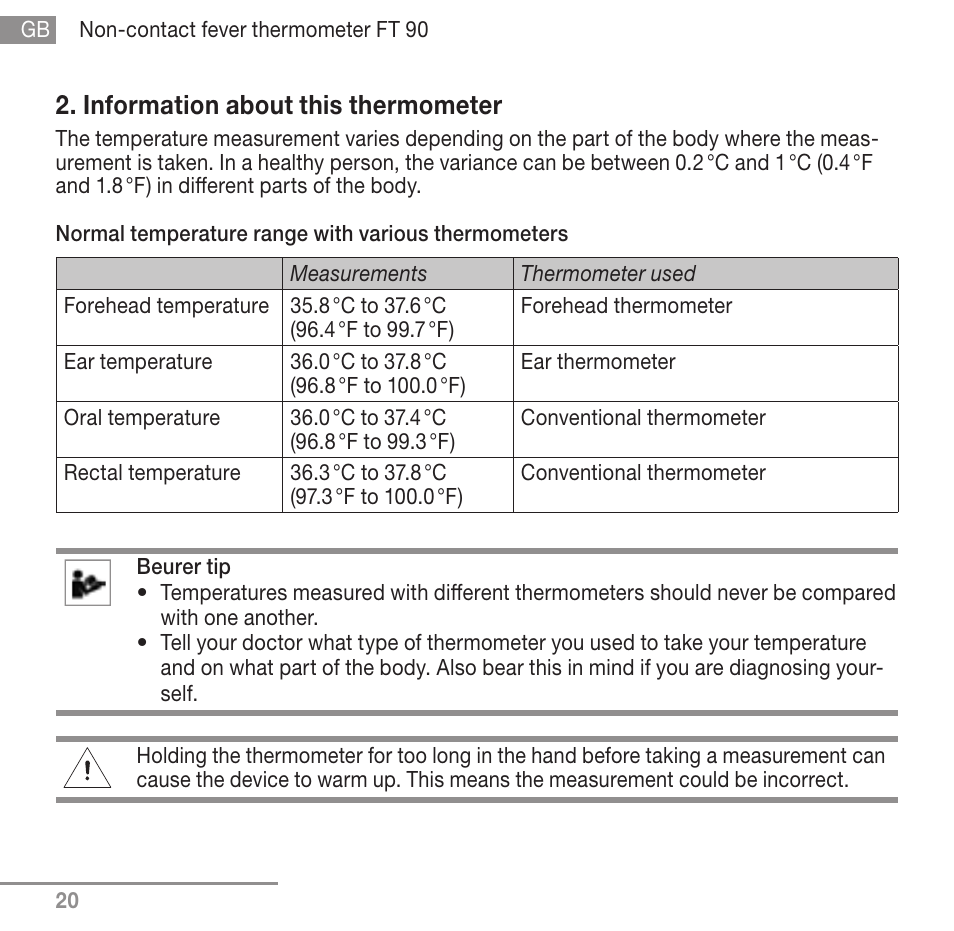 Information about this thermometer | Beurer FT 90 User Manual | Page 20 / 144