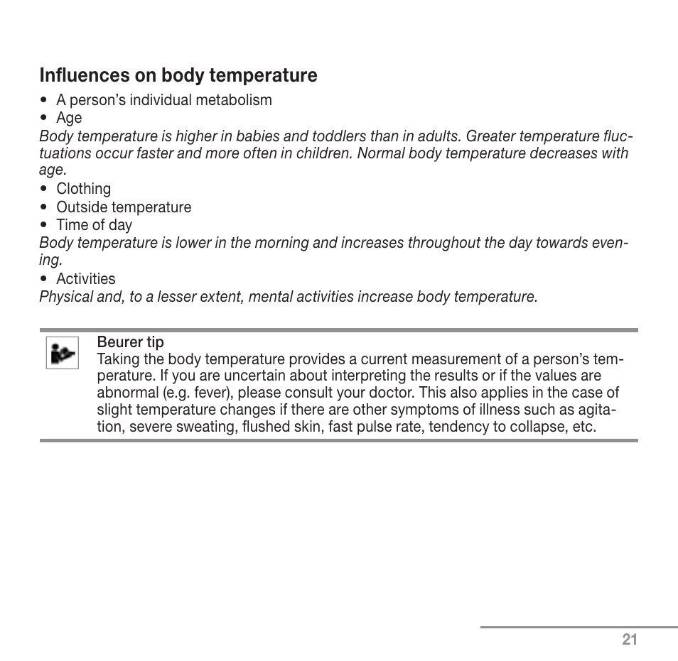 Influences on body temperature | Beurer FT 90 User Manual | Page 21 / 144