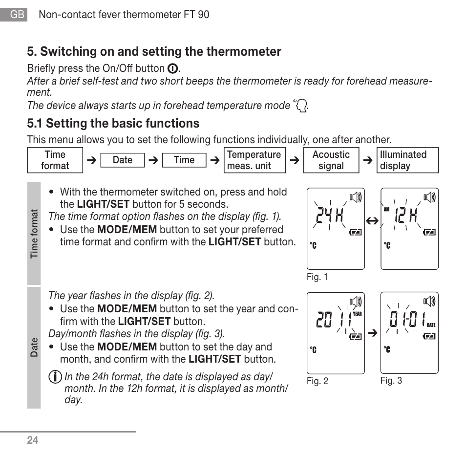 Switching on and setting the thermometer, 1 setting the basic functions | Beurer FT 90 User Manual | Page 24 / 144
