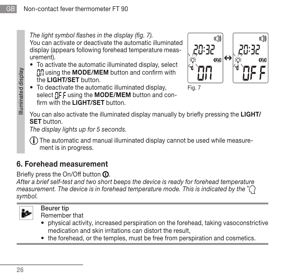 Forehead measurement | Beurer FT 90 User Manual | Page 26 / 144