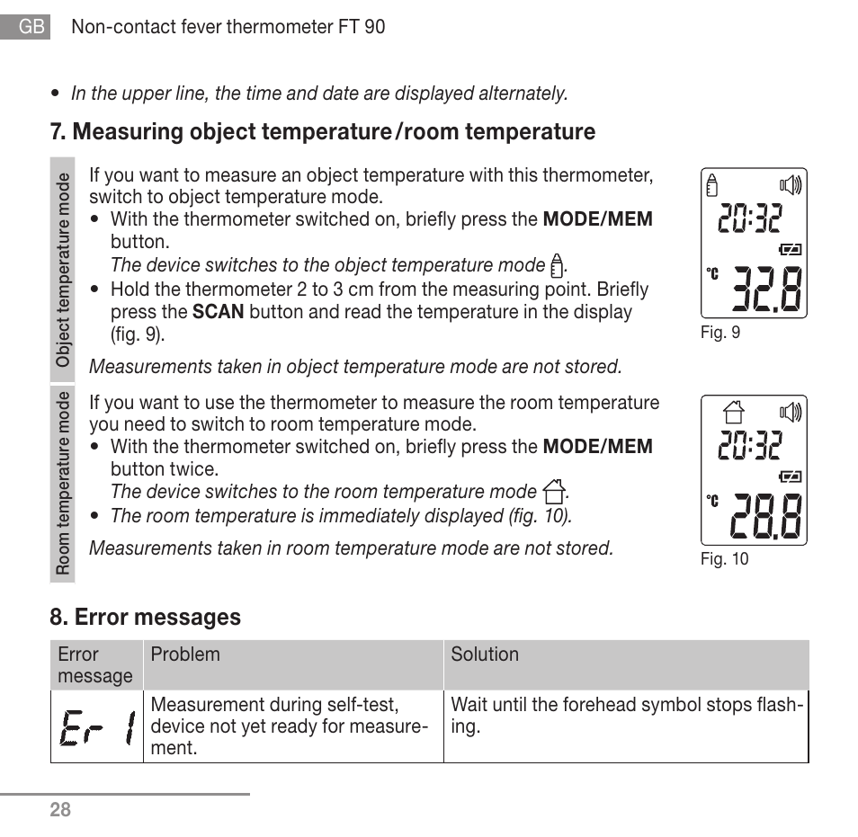Measuring object temperature / room temperature, Error messages | Beurer FT 90 User Manual | Page 28 / 144