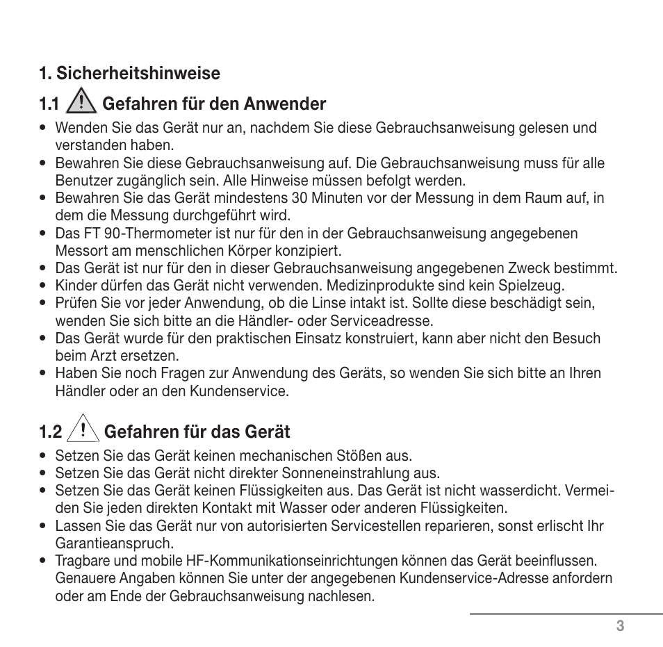 Sicherheitshinweise 1.1 gefahren für den anwender, 2 gefahren für das gerät | Beurer FT 90 User Manual | Page 3 / 144