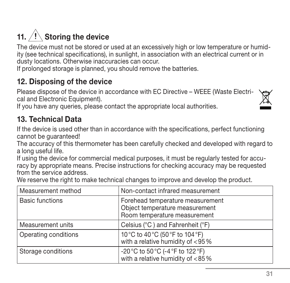 Storing the device, Disposing of the device, Technical data | Beurer FT 90 User Manual | Page 31 / 144