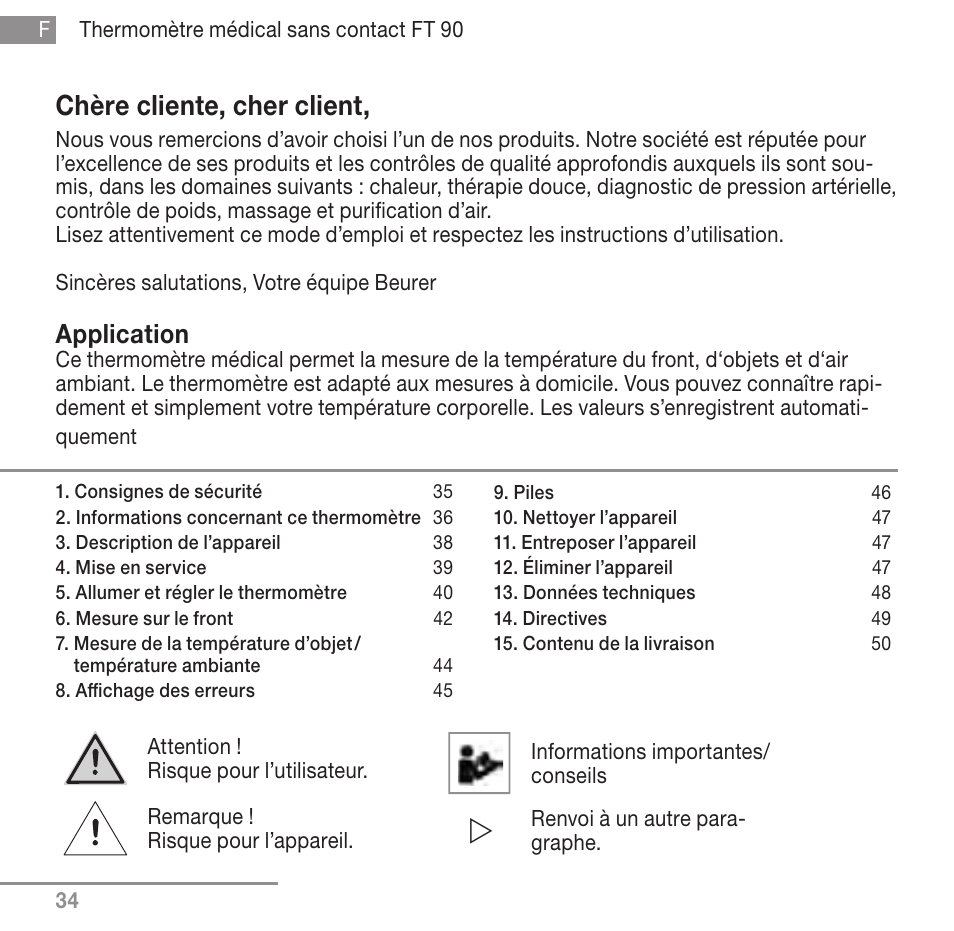 Chère cliente, cher client, Application | Beurer FT 90 User Manual | Page 34 / 144